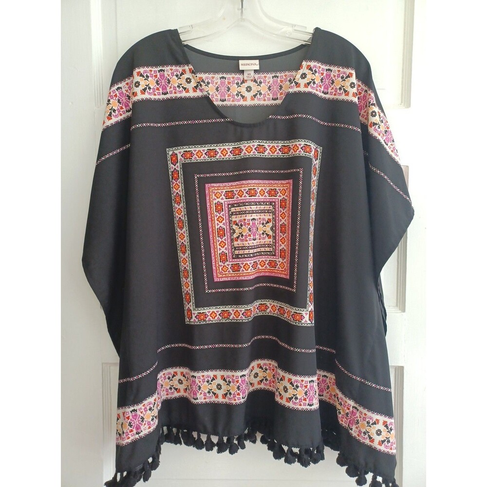 Merona black tasseled poncho top XS boxy blouse swim coverup boho hippie beach